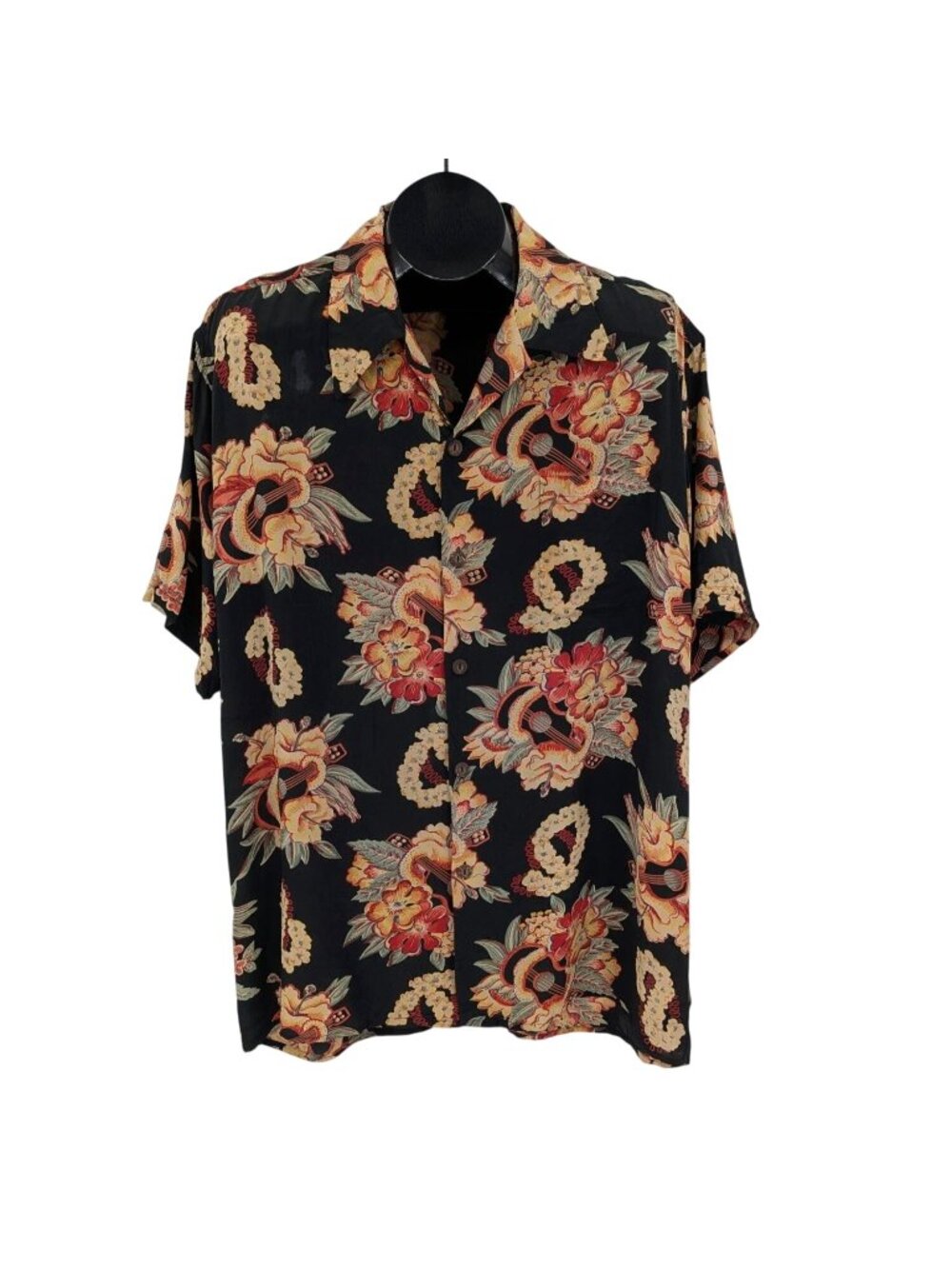 Vtg Avanti Hawaiian Silk Camp Shirt Button Up Floral Guitar Y2K Tropical Large